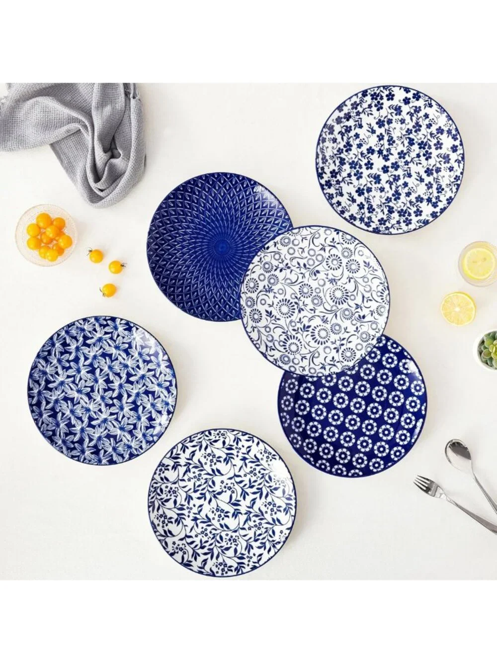 Vintage Blue Porcelain Dinner Plates Set of 6 - 10.25